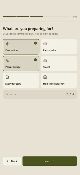Step 3 of 5 of the Hardtack setup: the question “What are you preparing for?” above a grid of six scenarios, with Evacuation and Power outage ticked and a “Selected 2 / 6” counter.