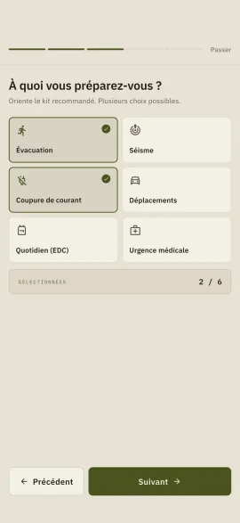L'étape 3 sur 5 de la mise en service de Hardtack : la question « À quoi vous préparez-vous ? » au-dessus d'une grille de six scénarios, Évacuation et Coupure de courant cochés, avec le compteur « Sélectionnées 2 / 6 ».