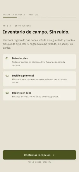 La primera pantalla de configuración de hardtack, que presenta los datos locales y la legibilidad en exteriores.