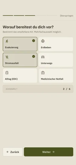 Erster Einrichtungsbildschirm von Hardtack mit den drei Grundsätzen der App.