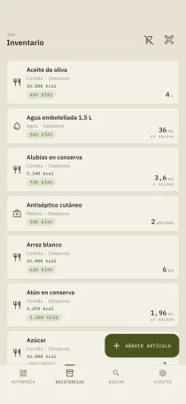 La pantalla de inventario de hardtack: lista de artículos con categoría, lugar de almacenamiento, calorías y días restantes antes de la caducidad.