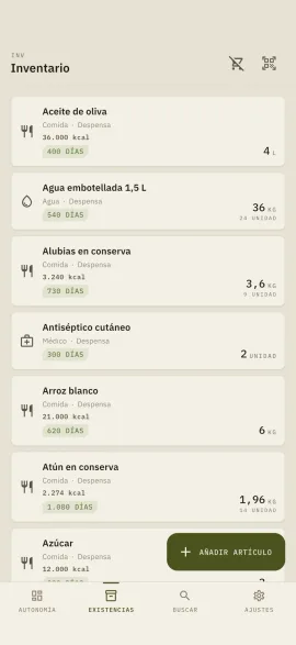 La pantalla de inventario de hardtack: lista de artículos con categoría, lugar de almacenamiento, calorías y días restantes antes de caducar.