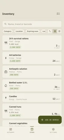 The Hardtack inventory screen: item list with category, storage location, calories and days left before expiry.