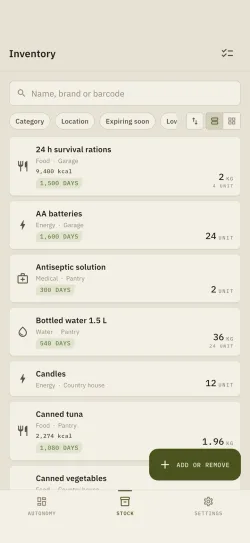 The Hardtack Stock tab: search field, filter chips, sort button, list-or-grid switch, and the items shown in list view with their category, their location and their time left.