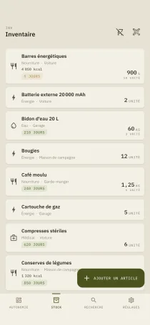 L'écran Inventaire de hardtack : liste des articles avec catégorie, lieu de stockage, calories et jours restants avant péremption.