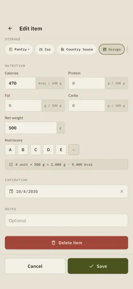 The item edit form in Hardtack: storage location, nutrition values, net weight, expiry and notes.