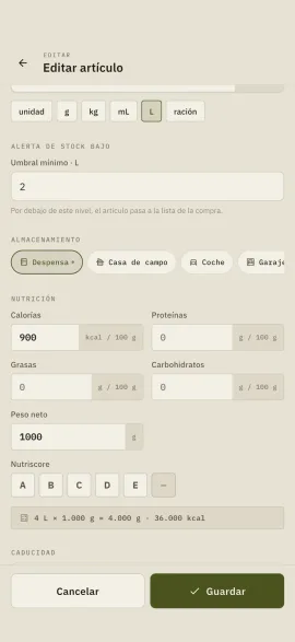 El formulario de edición de un artículo en hardtack: lugar de almacenamiento, valores nutricionales, peso neto, caducidad y notas.