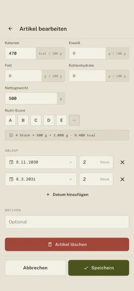 Das Bearbeitungsformular eines Artikels in Hardtack: Nährwerte, Nettogewicht, zwei Ablaufdaten mit ihrer Menge und Notizen.