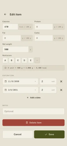 The item edit form in Hardtack: nutrition values, net weight, two expiry dates with their quantities, and notes.