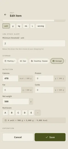 The item edit form in hardtack: storage location, nutrition values, net weight, expiry and notes.