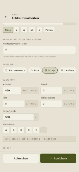Das Bearbeitungsformular eines Artikels in hardtack: Lagerort, Nährwerte, Nettogewicht, Ablauf und Notizen.