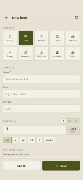 The manual item form in Hardtack: category, name, quantity and unit.
