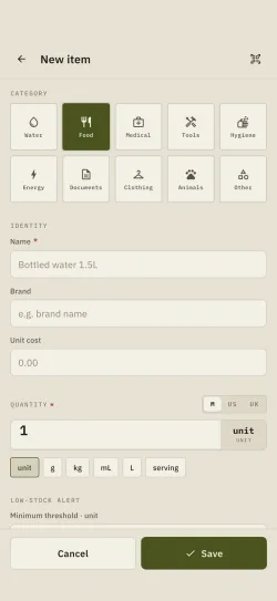 The add-item form in Hardtack: name, category, quantity and unit.