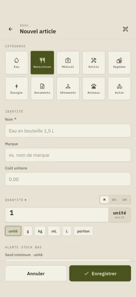 Le formulaire d'ajout manuel d'un article dans hardtack : catégorie, nom, quantité et unité.