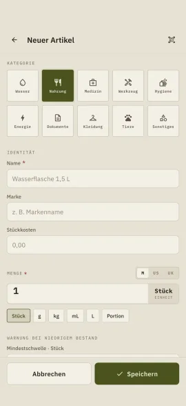 Das Formular zum manuellen Anlegen eines Artikels in Hardtack: Kategorie, Name, Menge und Einheit.