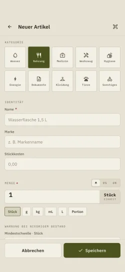Formular für einen neuen Artikel in Hardtack: Kategorieraster, Name, Marke, Stückkosten und Menge mit ihrer Einheit.