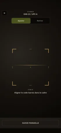 L'écran de scan de code-barres de Hardtack, avec cadre de visée EAN-13 et saisie manuelle en repli.