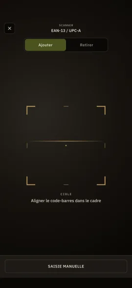 L'écran de scan de code-barres de Hardtack, avec cadre de visée EAN-13 et saisie manuelle en repli.
