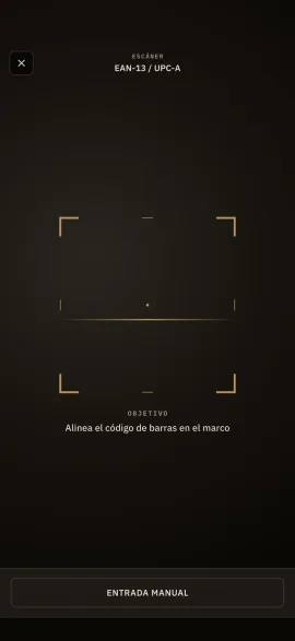 La pantalla de escaneo de código de barras de hardtack, con visor EAN-13 y alta manual como recurso.