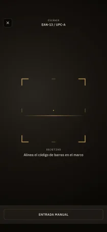La pantalla de escaneo de códigos de barras de hardtack, con marco de enfoque EAN-13 y entrada manual como alternativa.