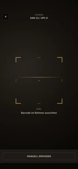 Der Barcode-Scan von hardtack, mit EAN-13-Sucher und manueller Eingabe als Rückfalloption.