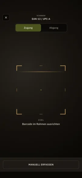 Der Barcode-Scan von Hardtack, mit EAN-13-Sucher und manueller Eingabe als Rückfalloption.
