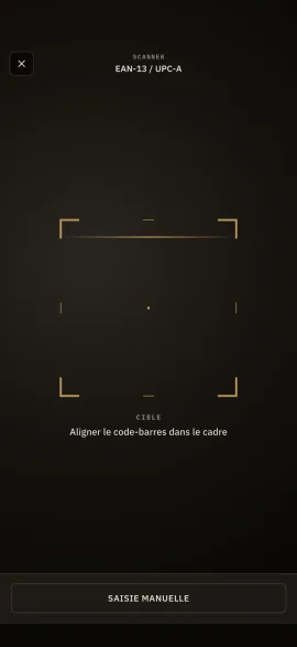 L'écran de scan de code-barres de hardtack, avec cadre de visée EAN-13 et saisie manuelle en repli.
