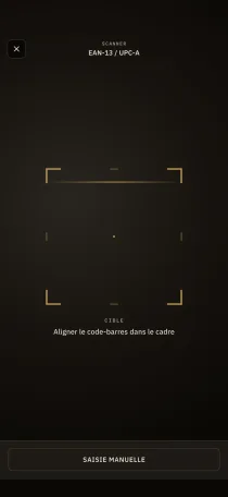 L'écran de scan de code-barres de hardtack, avec cadre de visée EAN-13 et saisie manuelle en repli.