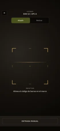 La pantalla de escaneo de códigos de barras de Hardtack, con marco de enfoque EAN-13 y entrada manual como alternativa.