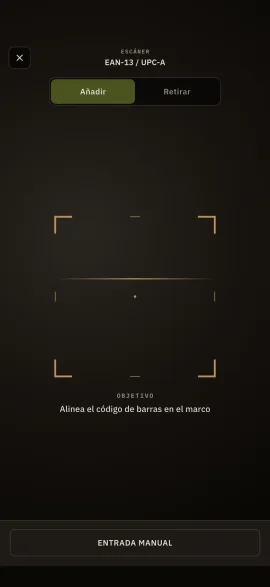 La pantalla de escaneo de código de barras de Hardtack, con visor EAN-13 y alta manual como recurso.