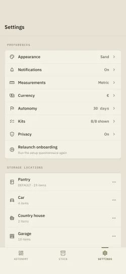 The Hardtack settings screen: appearance, notifications, measurements, currency, autonomy, kits and privacy, above the list of storage locations.
