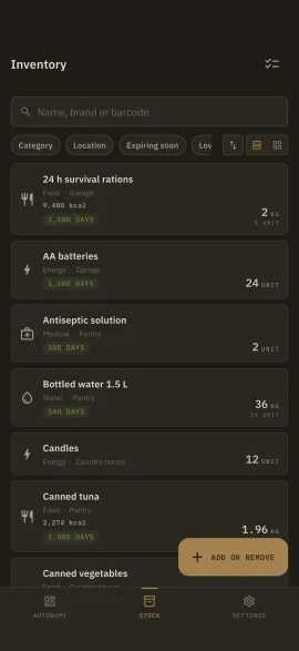 The Hardtack inventory screen, shown in the selected theme and accent colour.