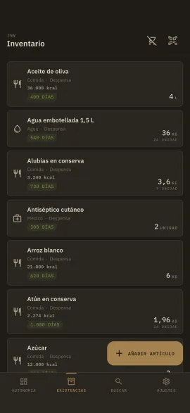 La pantalla de inventario de hardtack, mostrada con el tema y el color de acento elegidos.