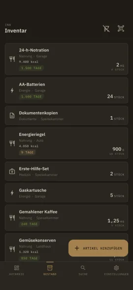 Der Inventar-Bildschirm von hardtack, im gewählten Theme und in der gewählten Akzentfarbe.
