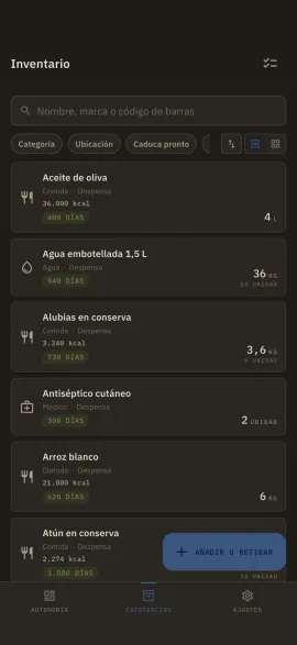 La pantalla de inventario de Hardtack, mostrada con el tema y el color de acento elegidos.