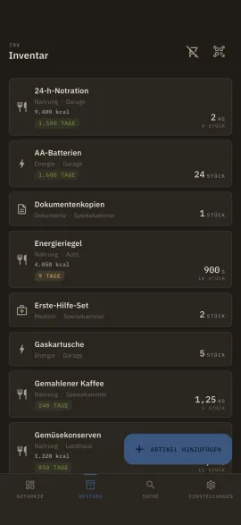 Der Inventar-Bildschirm von hardtack, im gewählten Theme und in der gewählten Akzentfarbe.
