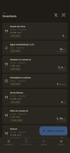 La pantalla de inventario de hardtack, mostrada con el tema y el color de acento elegidos.