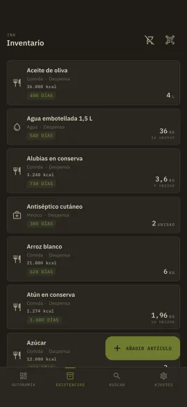 La pantalla de inventario de hardtack, mostrada con el tema y el color de acento elegidos.