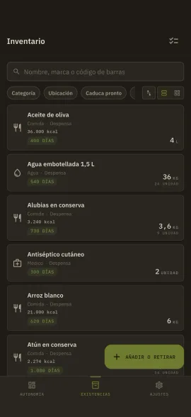 La pantalla de inventario de Hardtack, mostrada con el tema y el color de acento elegidos.