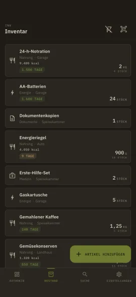 Der Inventar-Bildschirm von hardtack, im gewählten Theme und in der gewählten Akzentfarbe.