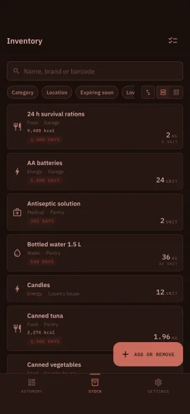 The Hardtack inventory screen, shown in the selected theme and accent colour.