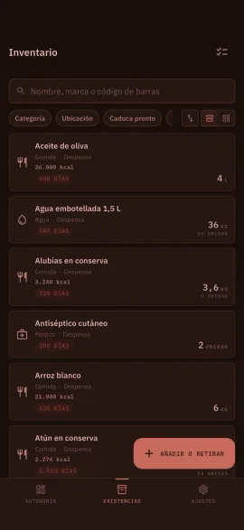 La pantalla de inventario de Hardtack, mostrada con el tema y el color de acento elegidos.
