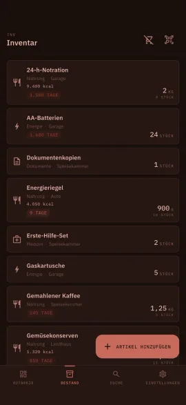 Der Inventar-Bildschirm von hardtack, im gewählten Theme und in der gewählten Akzentfarbe.