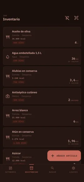 La pantalla de inventario de hardtack, mostrada con el tema y el color de acento elegidos.