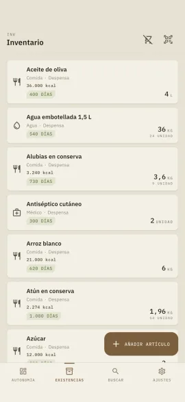 La pantalla de inventario de hardtack, mostrada con el tema y el color de acento elegidos.