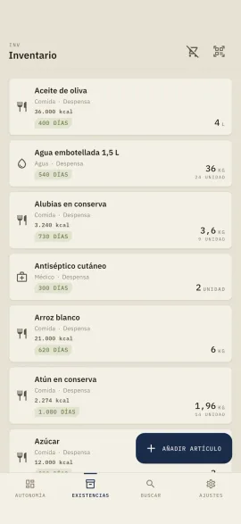La pantalla de inventario de hardtack, mostrada con el tema y el color de acento elegidos.